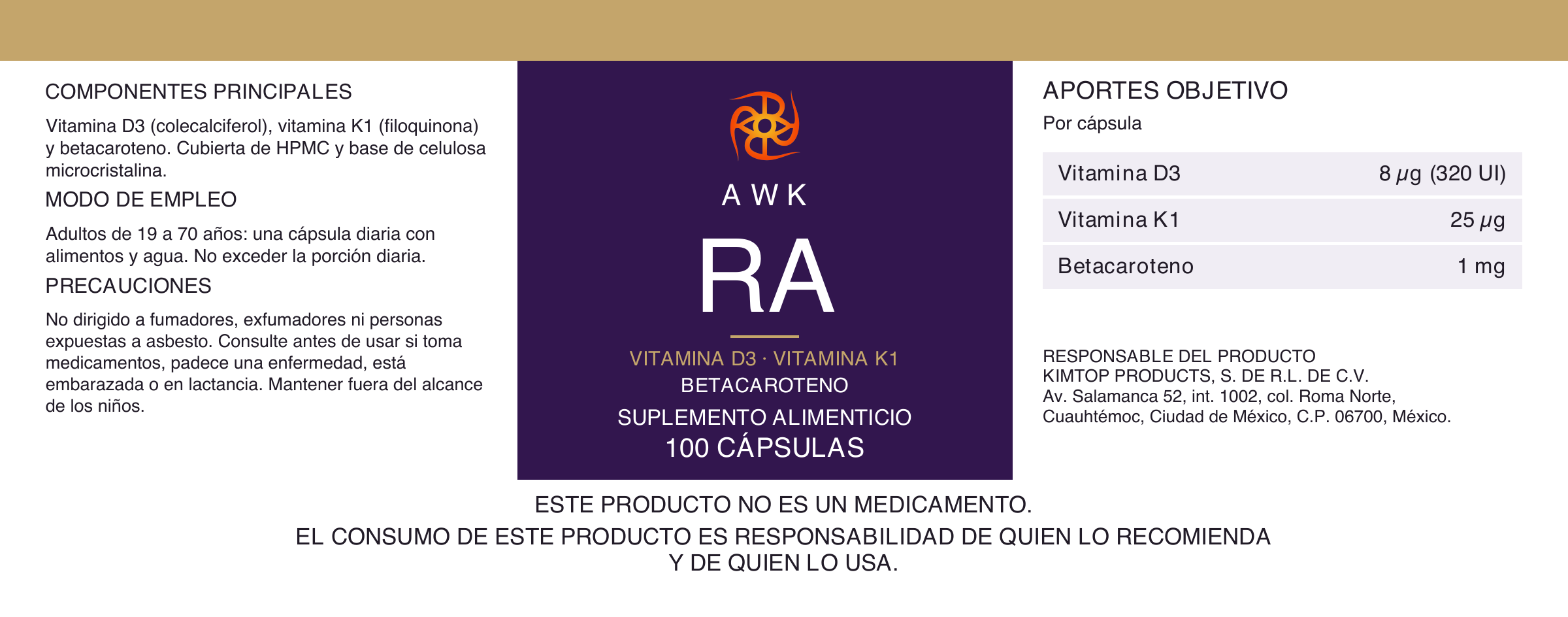 Etiqueta AWK RA: 100 cápsulas, composición, modo de empleo y precauciones